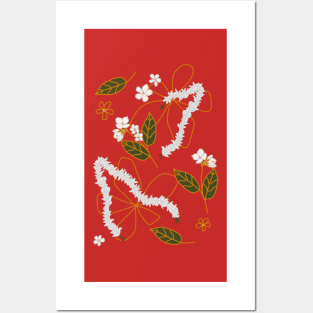 South Asian Jasmine Flower Hair Garland Gajra Pattern On Red Background Posters and Art